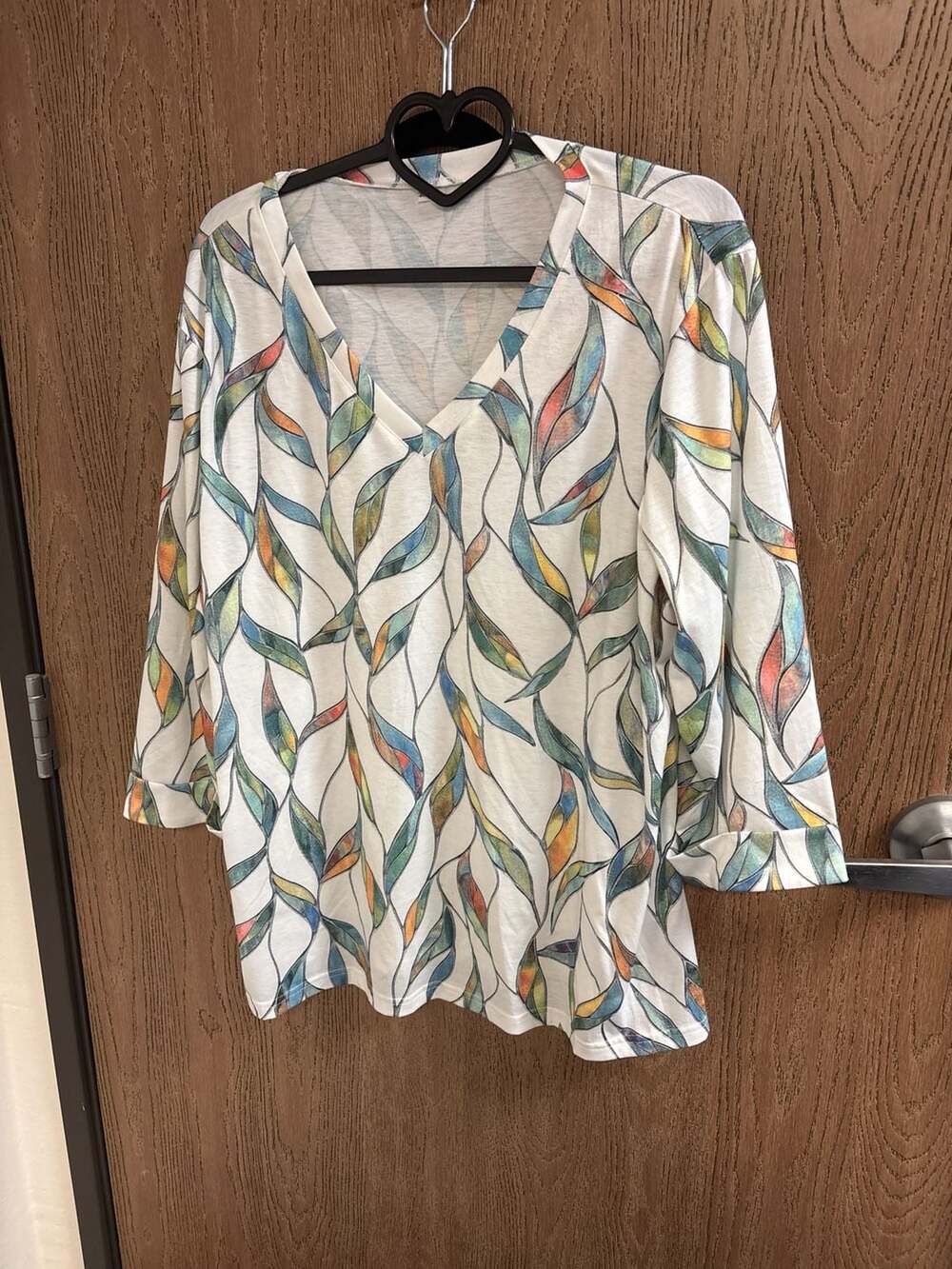 Women's Abstract Colorful Leaf Print V-Neck 3/4 Sleeve Top Size 2XL